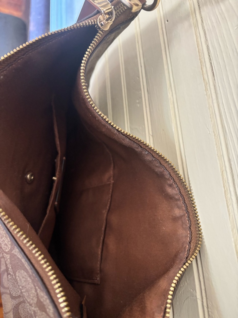 Coach Brown Signature Jacquard Shoulder Bag with Gold Accents - Picture 3 of 5